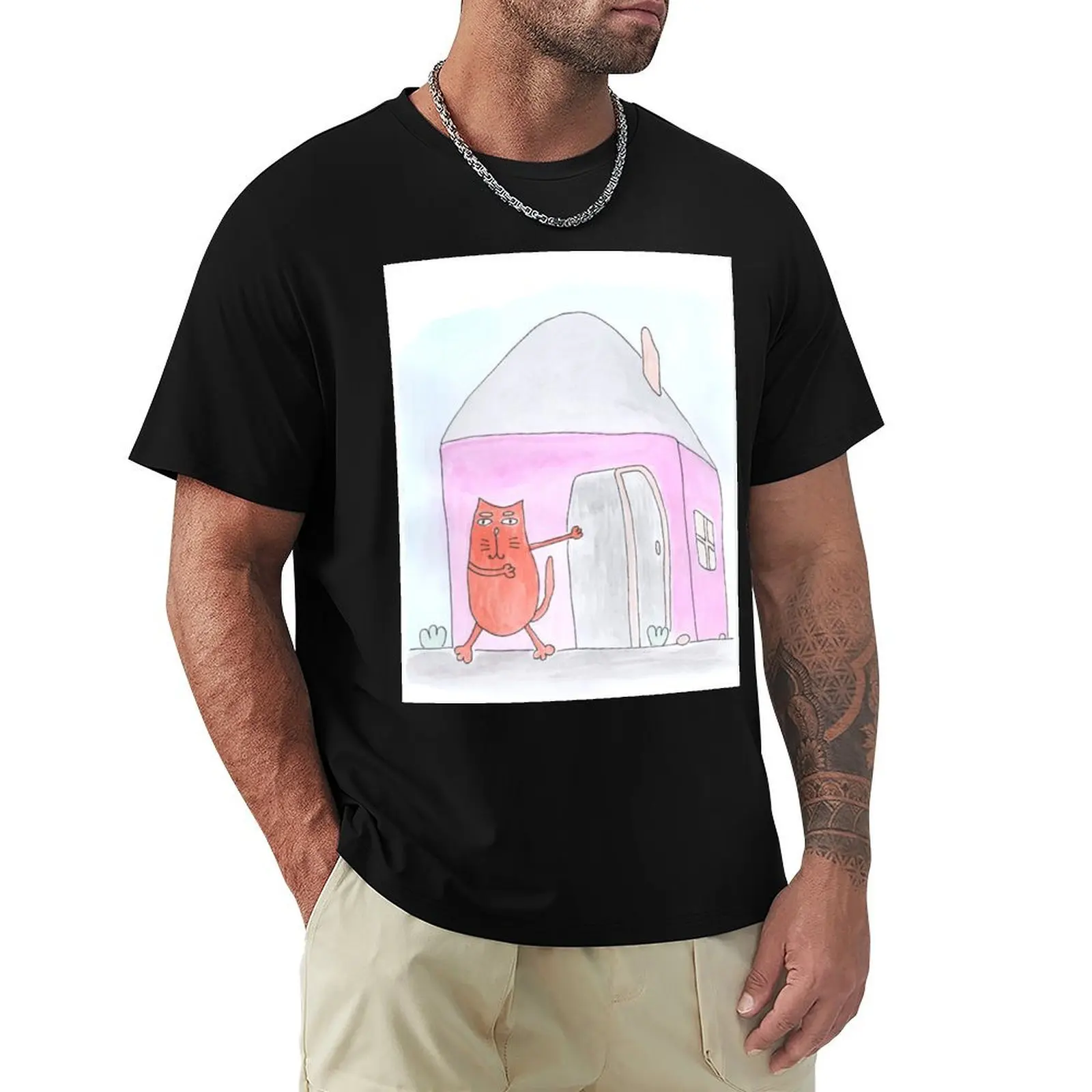 Cat points to the house. Real estate, rent T-Shirt Summer Fashion Casual Tee Shirt