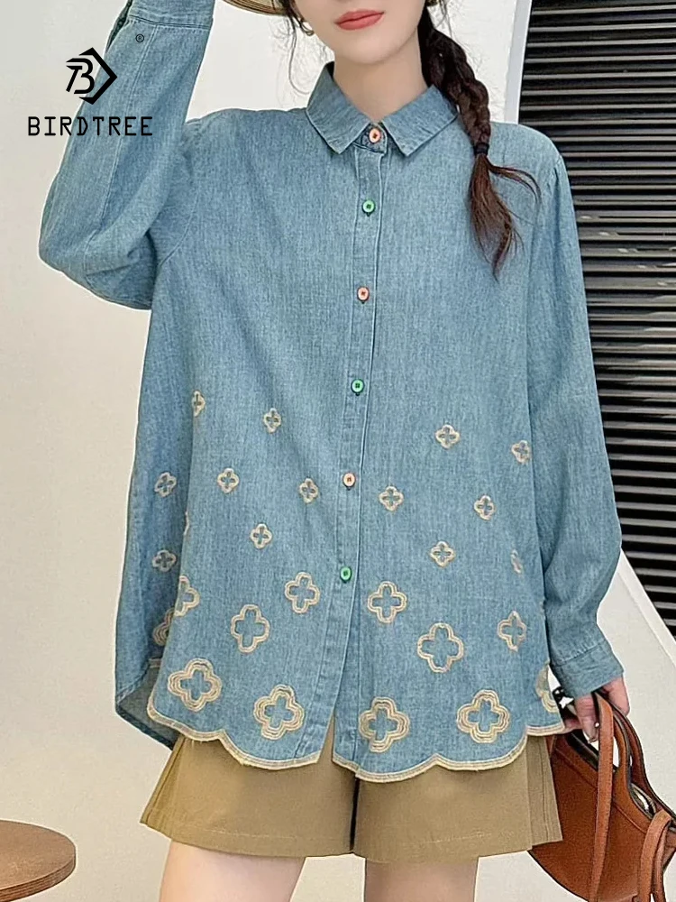 

New 2025 Autumn Long Sleeve Denim Shirt, Women Turn-down Collar Embroidery, Mori Girl Retro Japan Style Loose Blouse T5O056CC