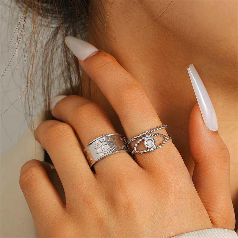 316L Stainless Steel Fashion Exquisite Jewelry Retro Style 2 Pieces /Set Opening Size Adjustable Eyelash Eyes Rings For Women