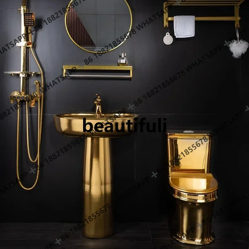 Ceramic European wash basin golden column bathroom washbasin integrated floor-to-ceiling hotel