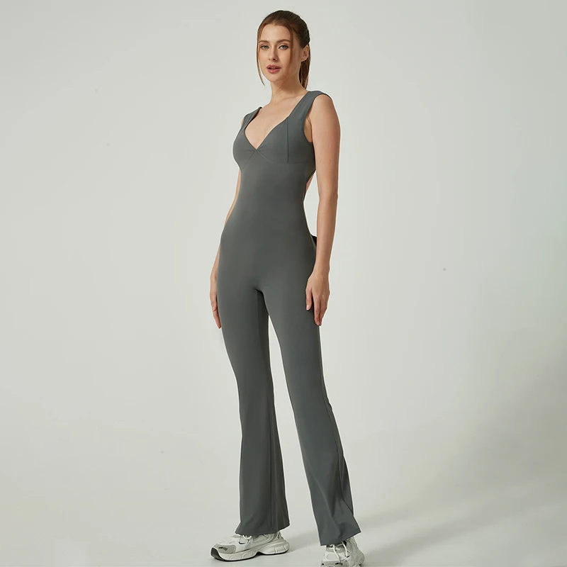 Modischer V-Ausschnitt Yoga-Jumpsuit für Damen, Frühjahrskollektion mit Tasche, Rückenfreier Formgebender Bodysuit, Einteiliger Gym-Overall mit Schlaghose, Sportbekleidung