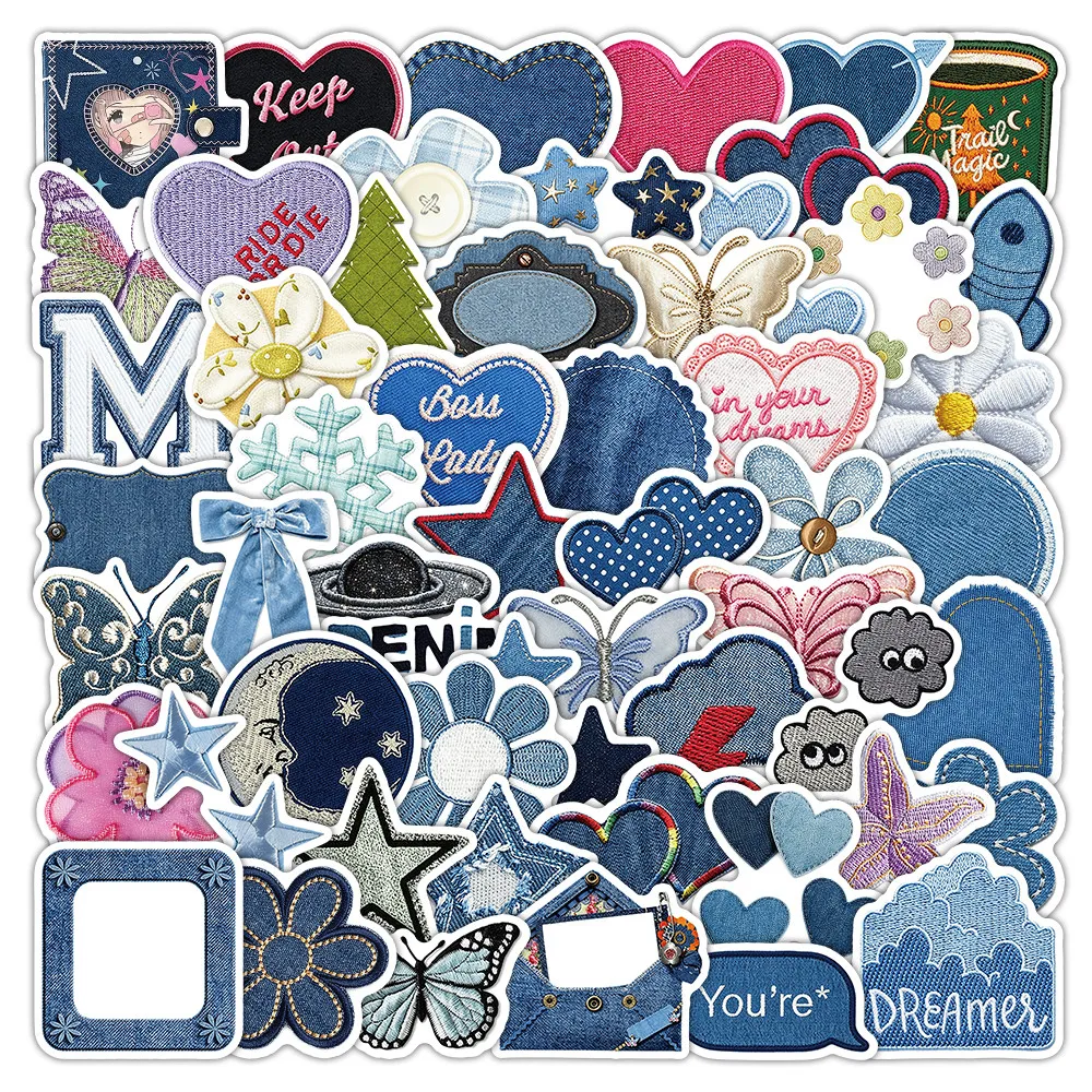 56Pcs Ins Style Blue Denim Waterproof Stickers, Washed Jean Texture Decals for Phone Case Custom Decor RecordingYourLife Store