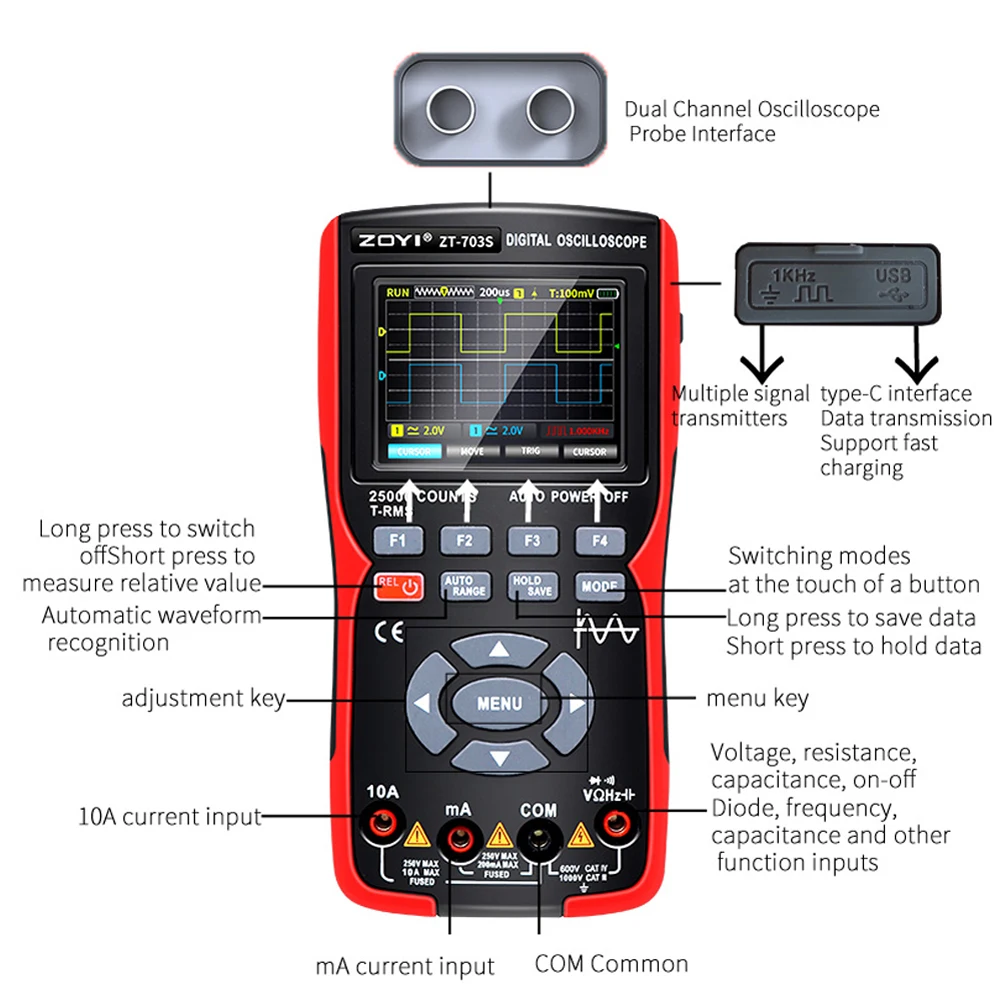 ZOYI ZT703S 3in1 Digital Oscilloscope Multimeter Signal Generator Dual Channel 50MHz Bandwidth 280MS Sampling Rate Multi Tester