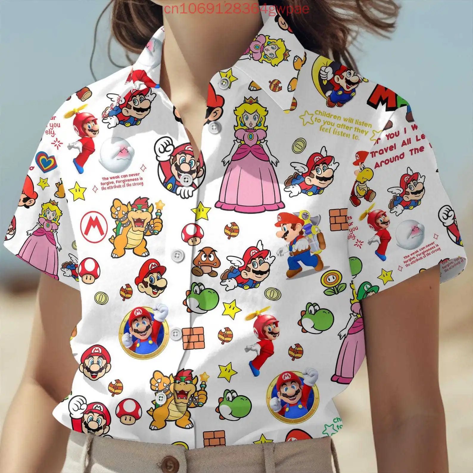 Super Mario Princess Peach Womens Short Sleeve Hawaiian Shirt Summer Fashion Sexy Beach Shirt Bowser Casual Sun Protection Shirt