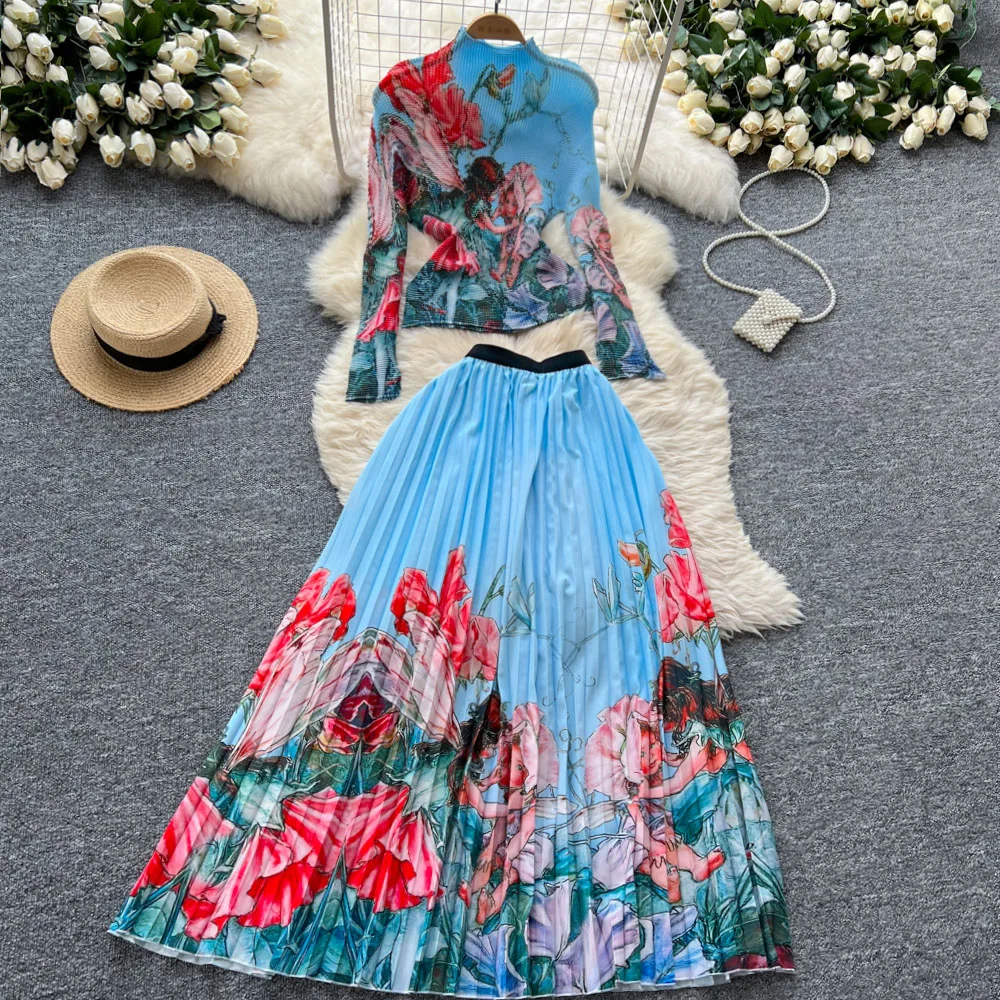 Vintage Women Two-Piece Sets Long Sleeve Half High Collar Print Top and High Waist Pleated Skirt Korean High Street Clothing