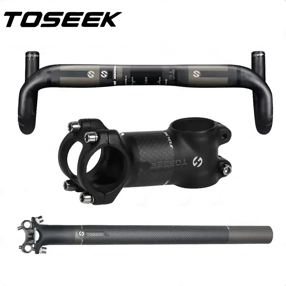 TOSEEK-Carbon Fiber Bike Handlebar Sets, Bent Bar Stem, Seat Post, MTB, Road Cycling Parts