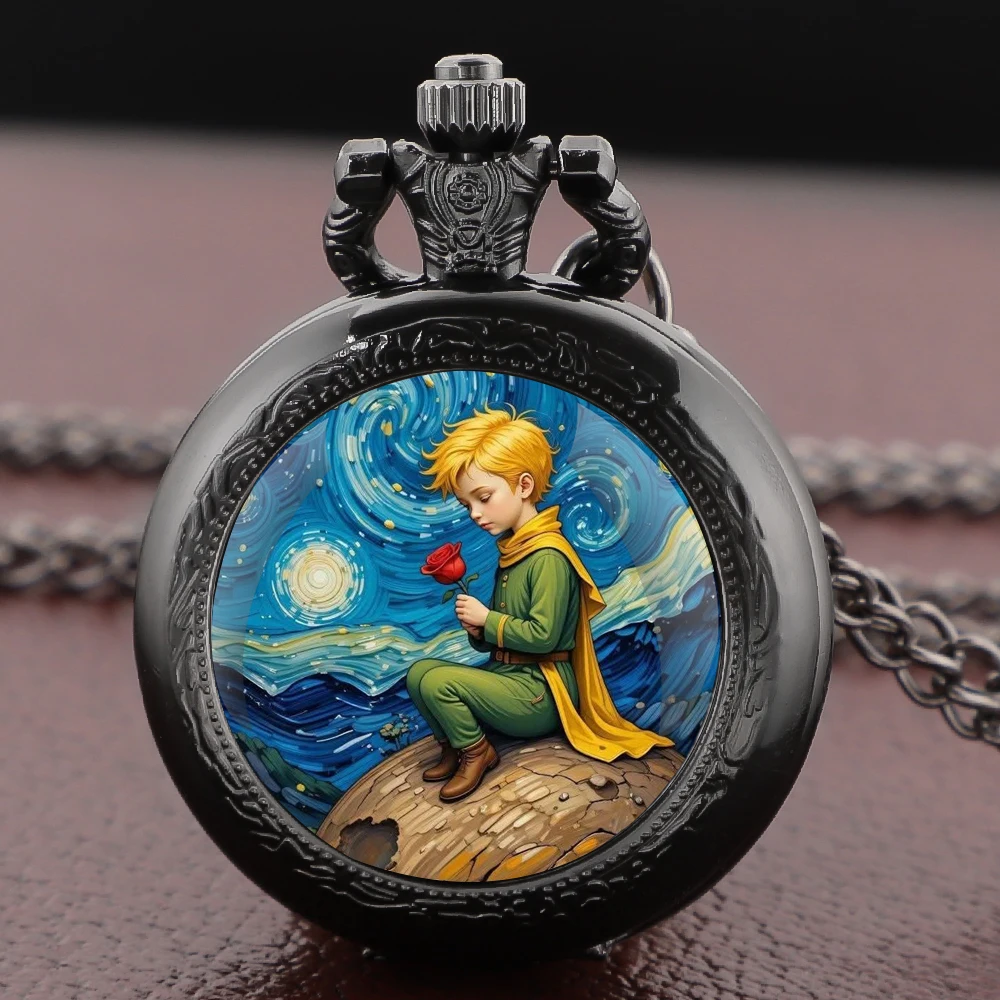 ساعة جيب كوارتز بتصميم الأمير والورد مع سلسلة إكسسوار للنساء وقلادة على مدار الساعة هدايا كلاسيكية للرجال والأطفال Relógio