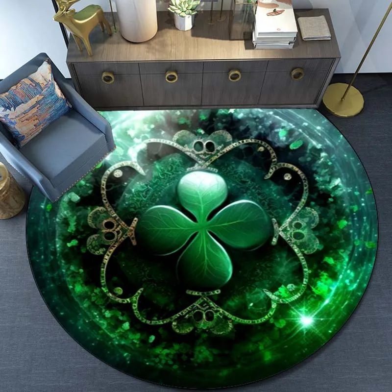 Green clover magic round rug crystal velvet floor mat lucky charm home decor living room bedroom carpet mystical design