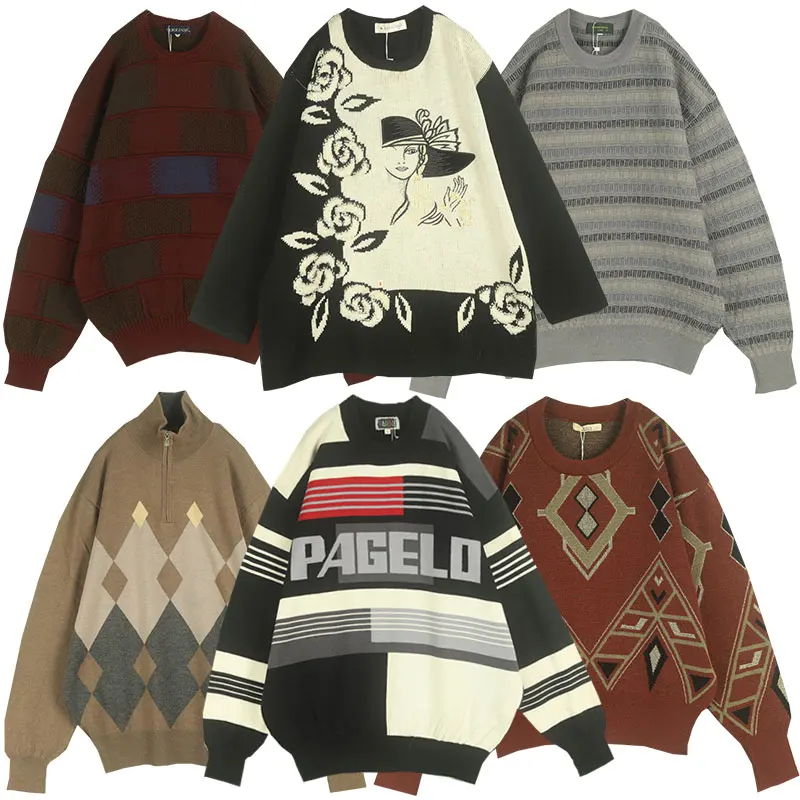 

Винтажный шерстяной свитер свободного кроя с вышитым узором, нейтрального островного цвета, в японском стиле, с круглым вырезом, пуловер, трикотаж