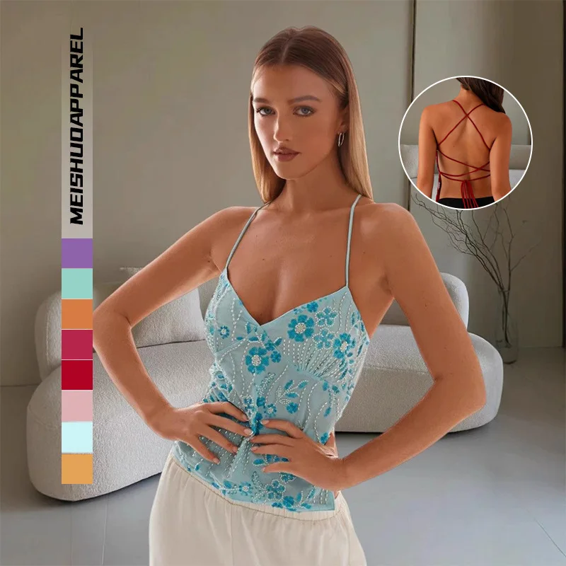 

Maemukilabe Sexy Sequin Rhinestone Crop Tops Women Y2k Fairy Coquette Camis Pearl Glitter V Neck Backless Tank Shirt Vest Beach
