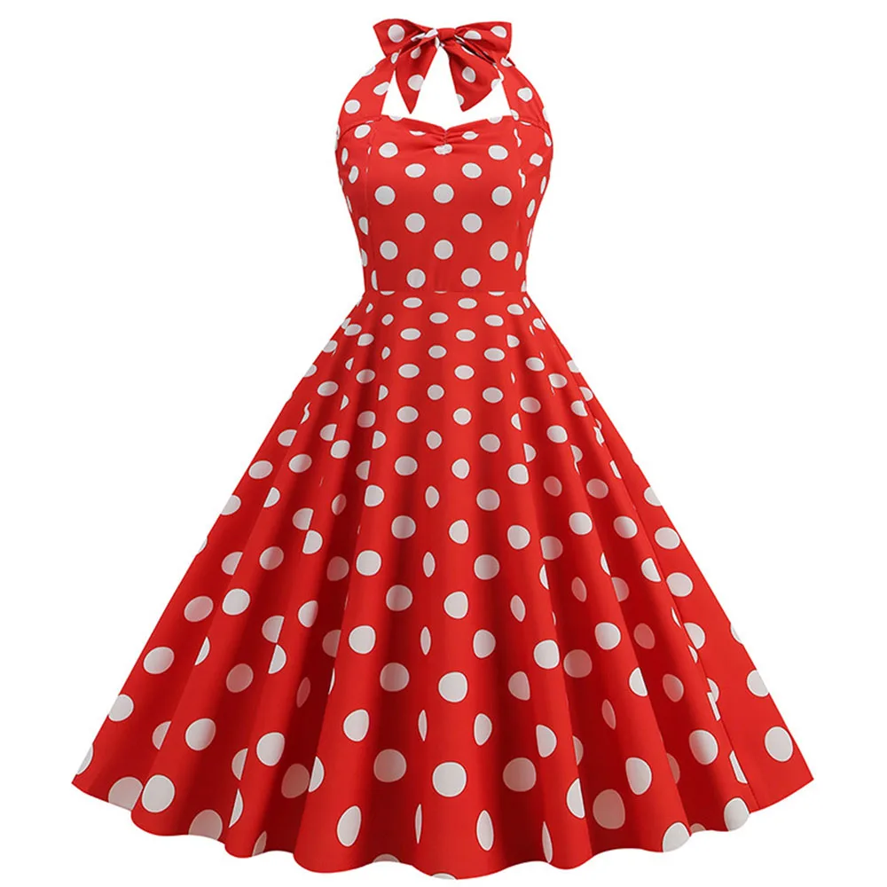 Sweet Polka Dot Halter Dress Women's Vintage Backless Back Bow Design Slim Fit Cinched Waist Gown Knee-Length Printed Vestido