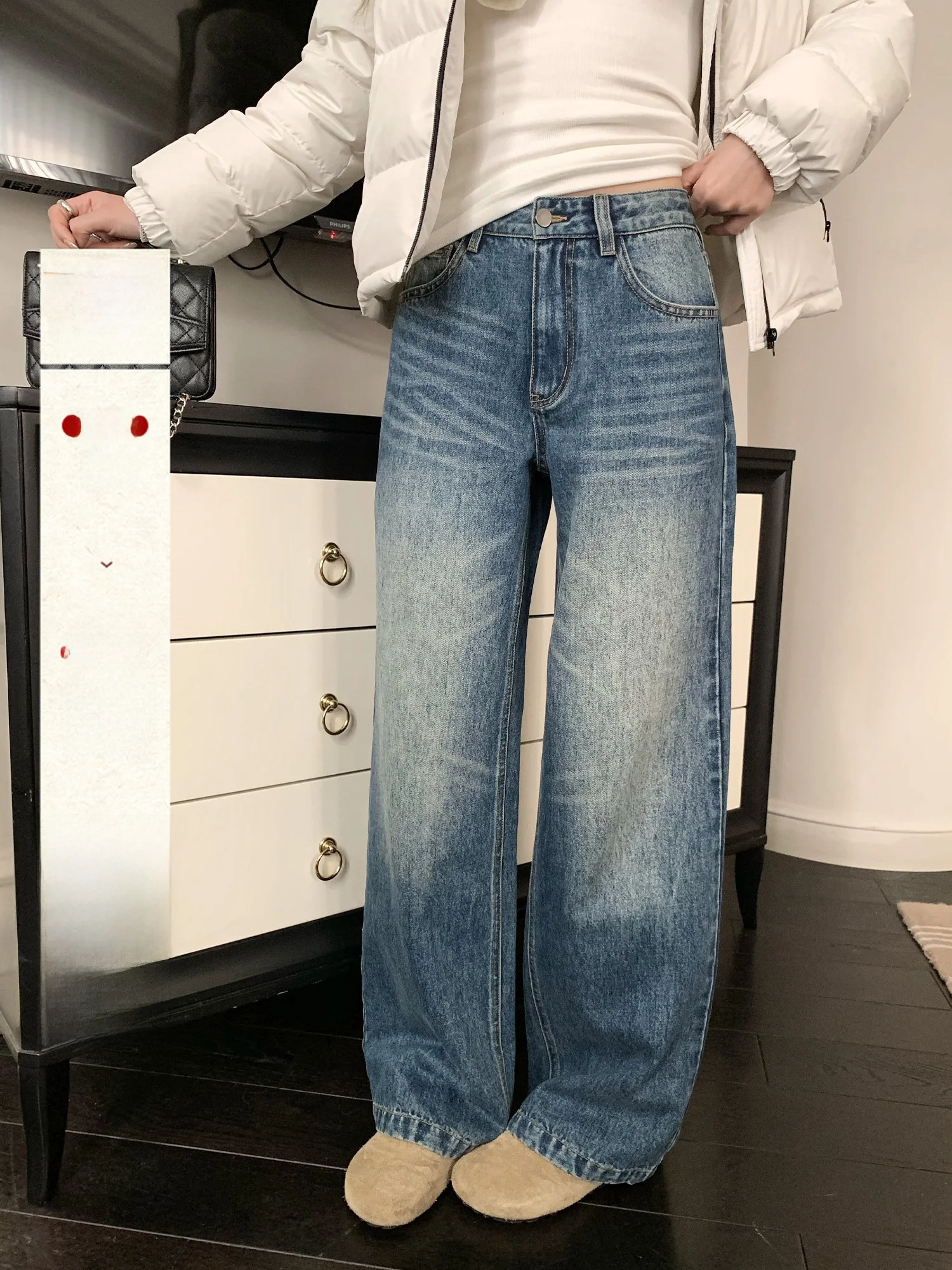 

Светло-голубые женские джинсы с низкой талией, свободные, прямого кроя, в корейском стиле, повседневные, модные, осенне-зимние, широкие брюки