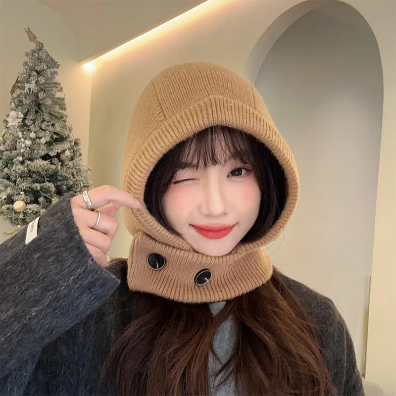 

Fashion Pullover Winter Balaclava Hat Winter Warmer Windproof Wool Knitted Cap Solid Color Neck Warmer Outdoor Warmer Scarf