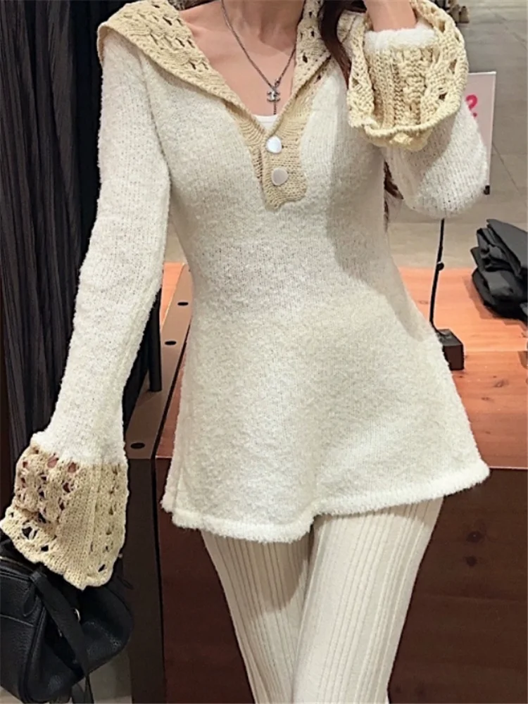 Fashion Women Knitted Two Piece Sets Hollow Flare Sleeve Sweater pullover&High Waist Long Flare Pants Sets Casual 2pc Outfits