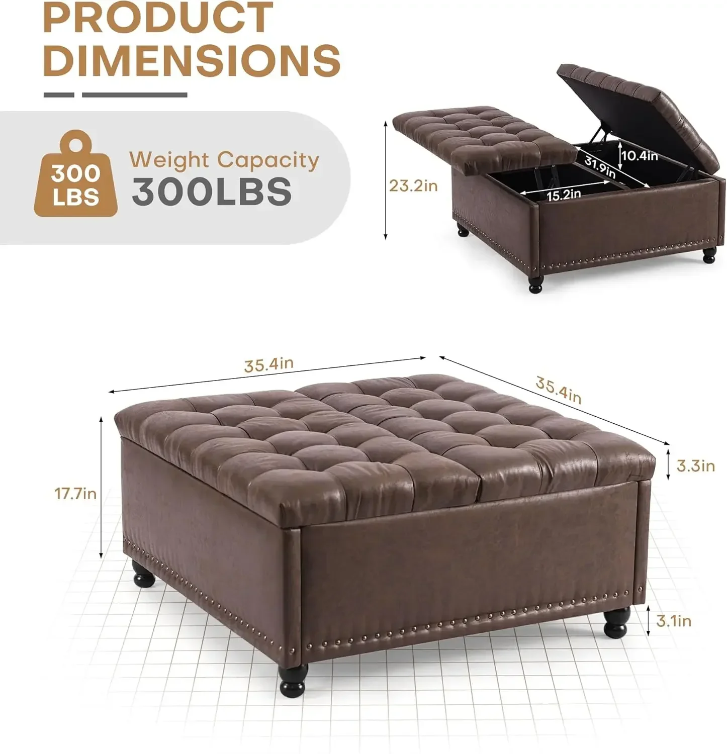 Redlife 35 Inch Large Square Storage Ottoman, Storage Ottoman Coffee Table with Lift Top Faux Leather Ottomans Bench Square Foot