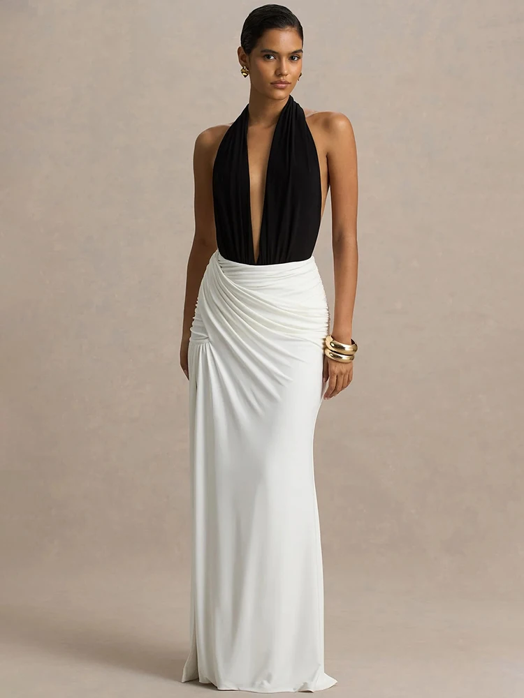 

Mozision Halter Backless Sexy Maxi Dress Women Patchwork Deep V Neck Sleeveless High Waist Ruched Split Club Party Long Dress