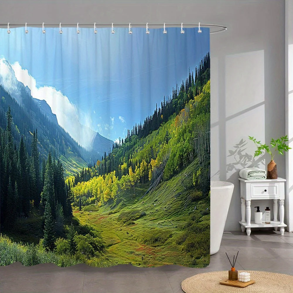 

1pc Alpine Valley Bath Curtain - Vibrant Fall Colors, Sunlit Meadows & Evergreen Forest Design, 70. 86 x 70. 86 Inches, 12 Hooks