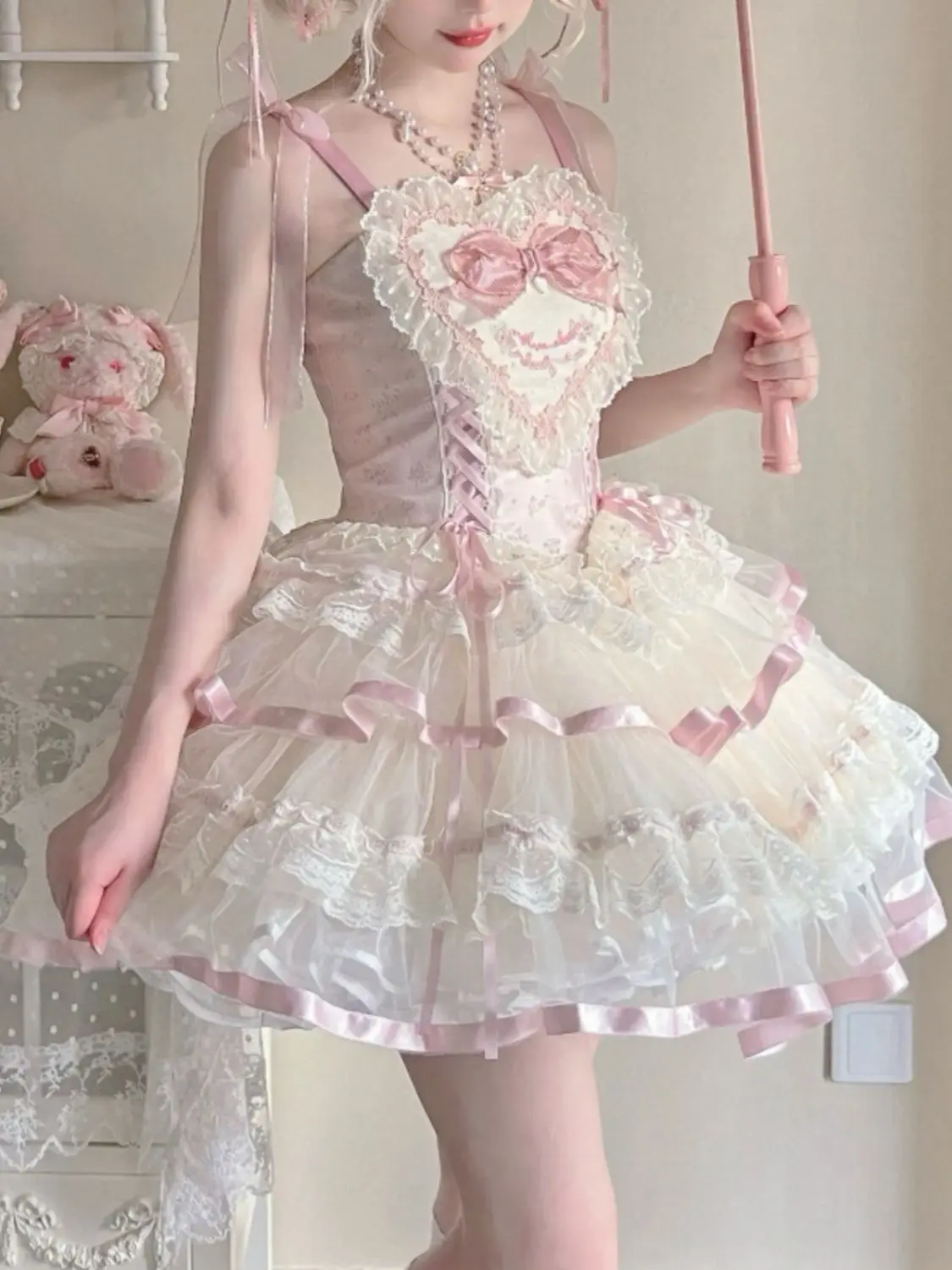 

Japan Lolita Style JSK Princess Mini Dress Lace Stitching Love Shape Bow Embroidered Lace-up High Waist Birthday Party Suspender