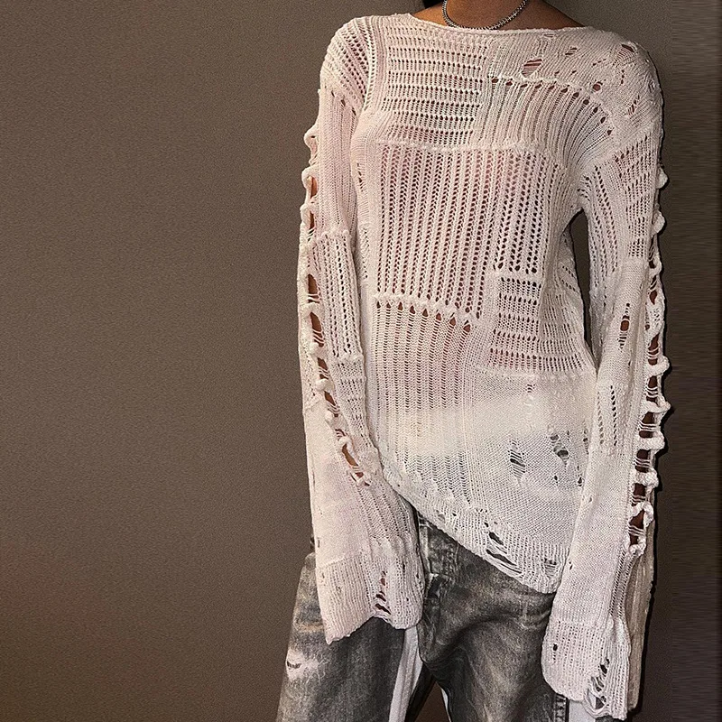 

Ripped Knit Sweater Hollow Out Y2k Smock Crop Top Women Casual Pullover Sheer Streetwear 2023 Autumn Winter Female Fashion Cloth