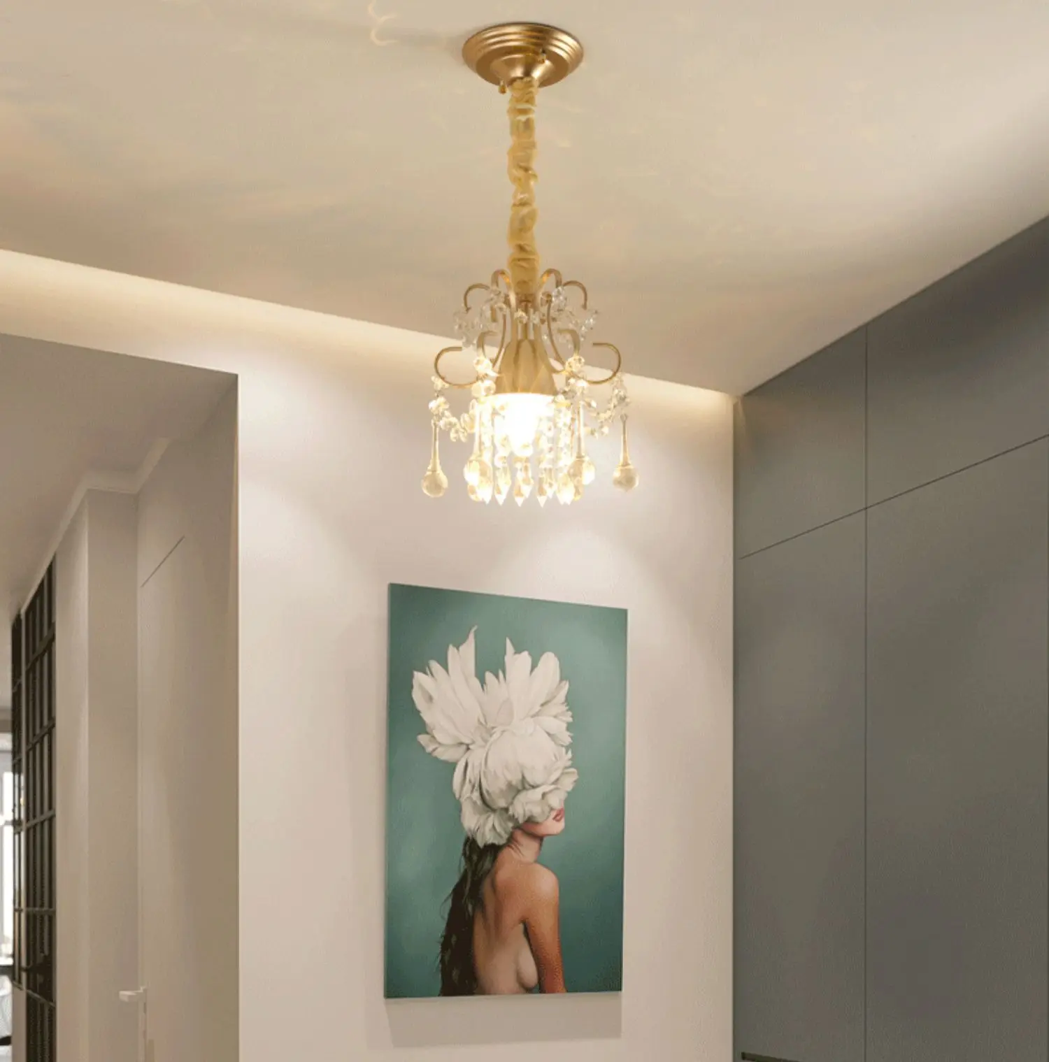 Simple crystal chandelier single head bedroom aisle balcony entrance crystal small hanging lamps, E27, white/gold Dia 23cm