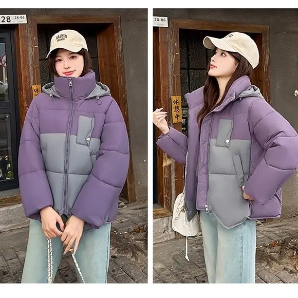 Invierno 2026 el nuevo abrigo corto acolchado de algodón de contraste para mujer dopamina moda femenina abrigo Simple ropa holgada gruesa