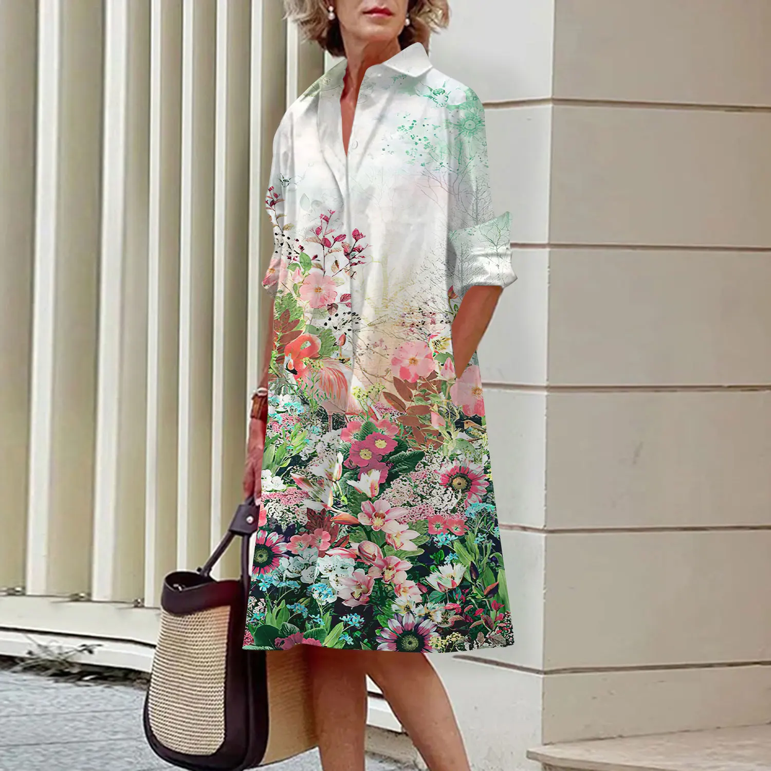 Vestido camisero con estampado Floral para mujer, elegante vestido Midi de manga larga con solapa informal de verano, camisa de calle de moda de alto temperamento