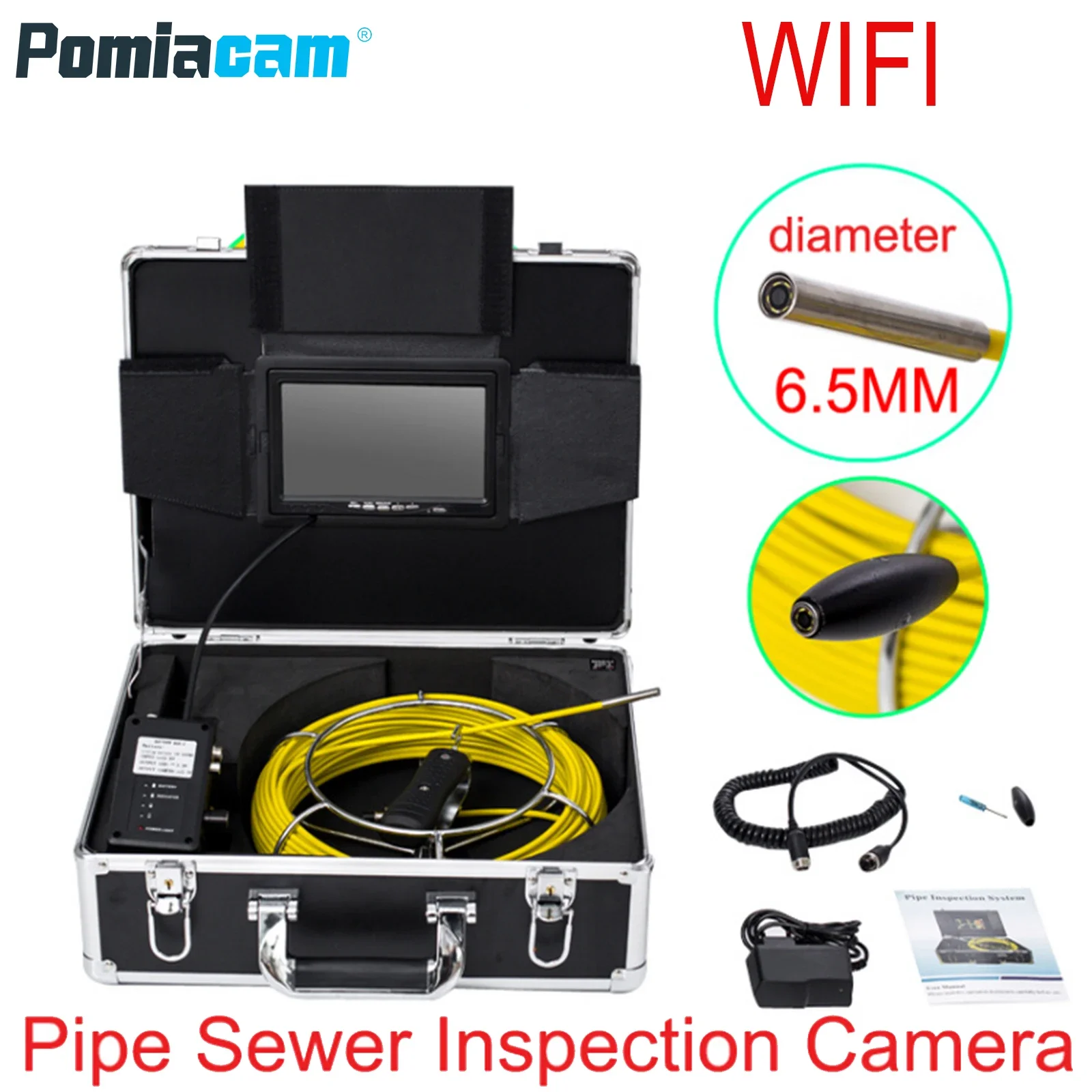 

9inch DVR 60M WIFI Drain Sewer Pipeline Industrial Endoscope Pipe Inspection Video Camera WP90C 6.5mm 60M cable yellow