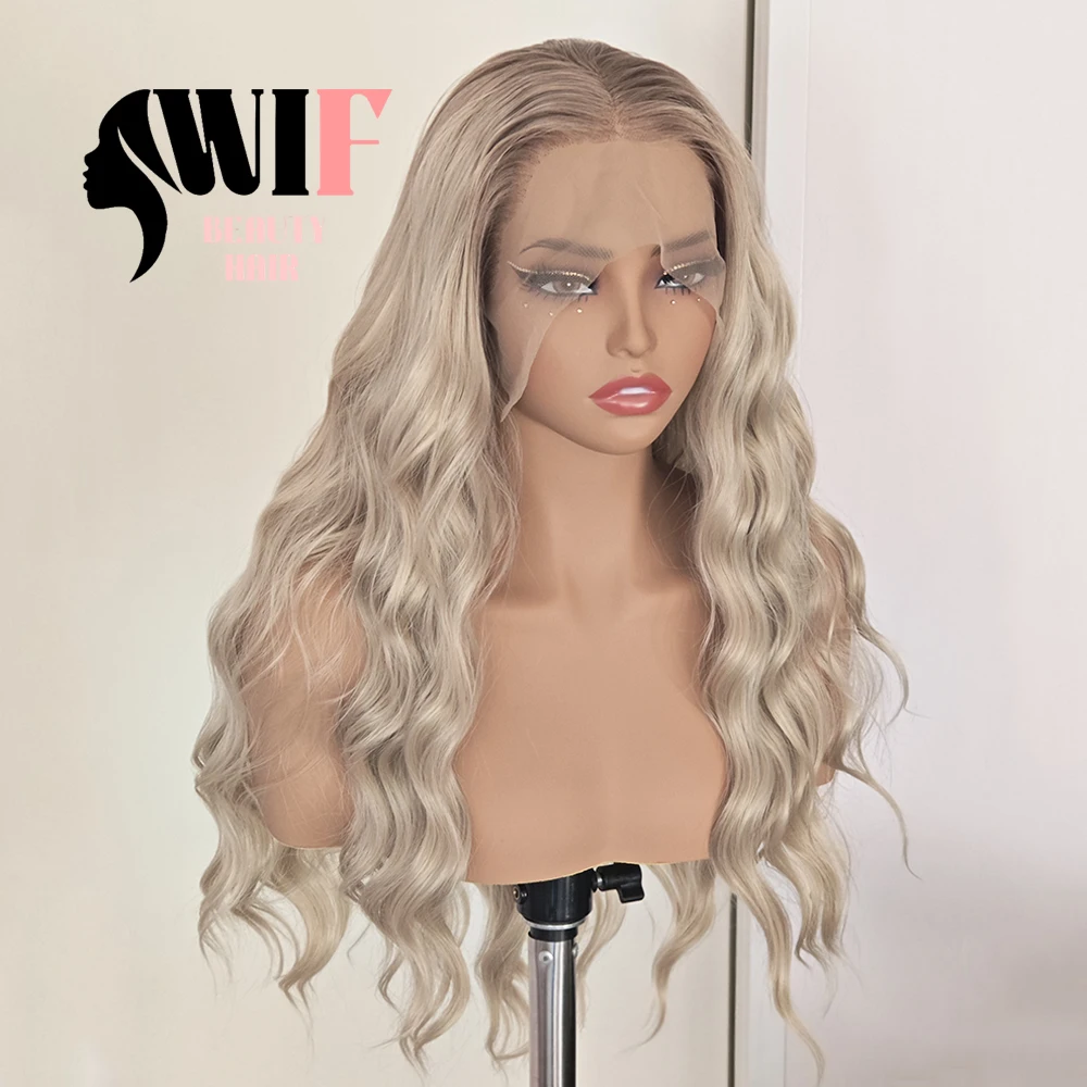 WIF Ombre Blonde Wave Hair Synthetic Wig Body Wavy Black Root Ash Blonde Lace Front Wigs Women Makeup Use Platinum Hair