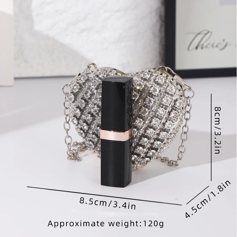 Rhinestone Heart Shaped Evening Clutch Sparkling Diamond-Embellished Chain Lipstick Bag for Party & Wedding, Luxury Mini Purse view 6