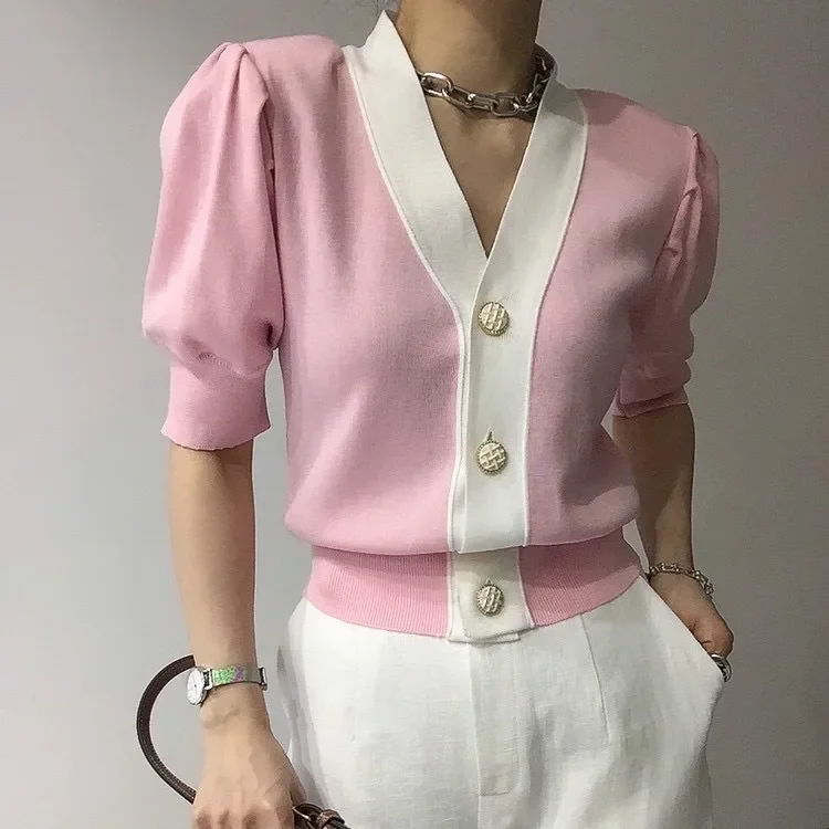 V Neck Half Sleeve Ice Silk Knitting Coat Sueter Mujer Crop Pink Swetry Kobiety Lazy Y2k Krótki Kardigan Feminino Pull Femme