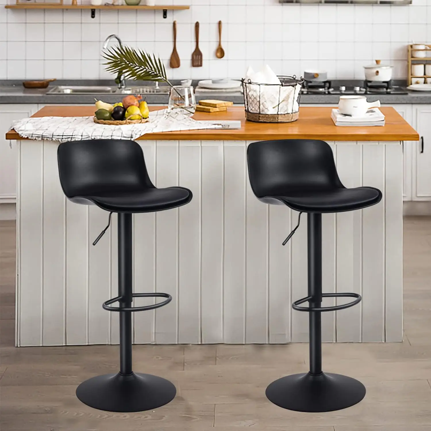 Bar Stools Set of 2 Modern Black PU Counter Height Barstool, High Padded Adjustable Swivel Barstools with Back for Bar Counter