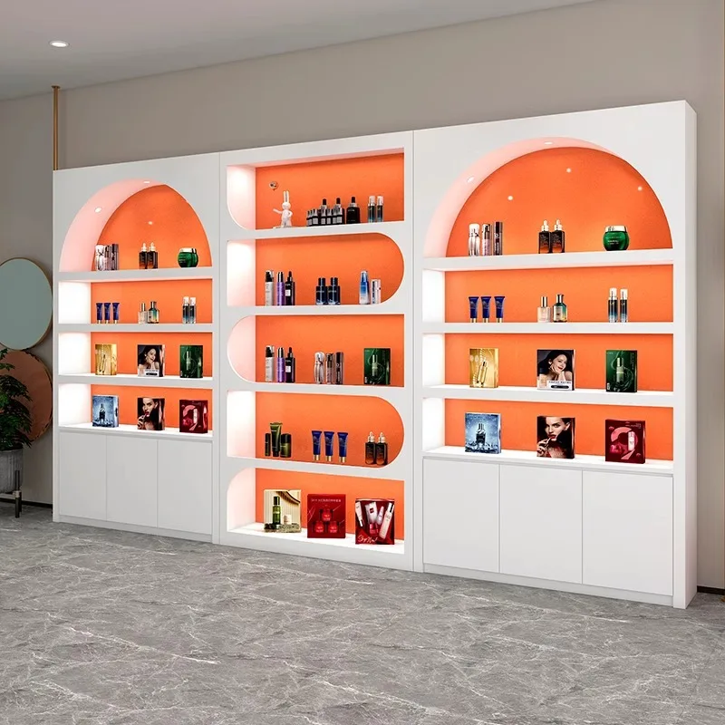 Free pictures Cosmetics Display Cabinet Beauty Barber Nail Shop Shelf Orange Paint Skin Care Product Display Cabinet