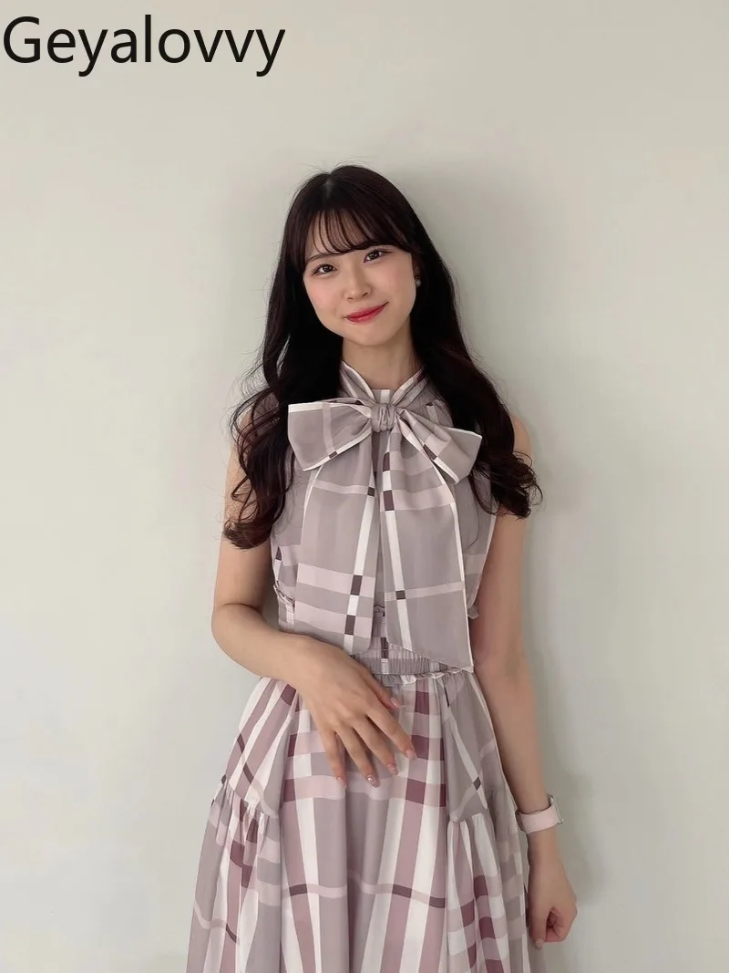 

Summer New Sweet Cute Girl Bow Tie-up Maxi Dress Japanese Style Fashion Plaid Sleeveless High-waisted Chiffon Long Dresses