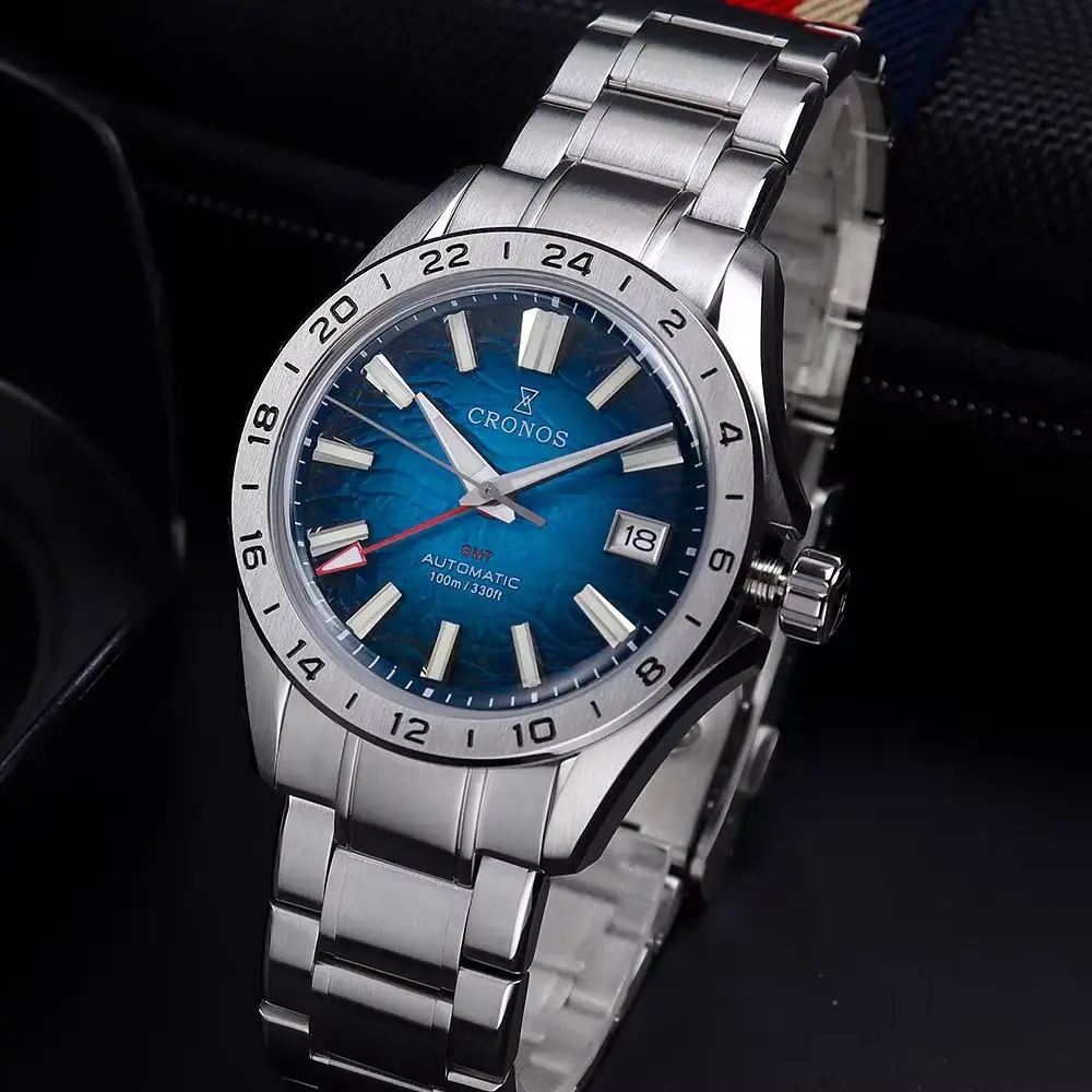 CRONOS Men Automatic Watch 39mm GMT Mechanical Wristwatch Sapphire Mirror Diver 10Bar Waterproof BGW-9 Luminous NH34