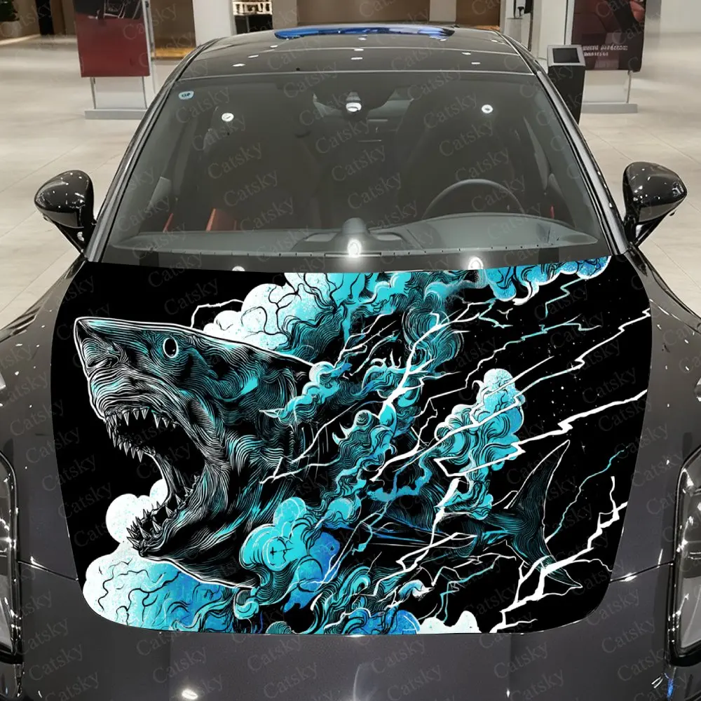 

Thunder Tide Fury Shark Car Vinyl Wrap, PVC Waterproof Car Hood Sticker, Self-Adhesive Scratch-Resistant Stickers