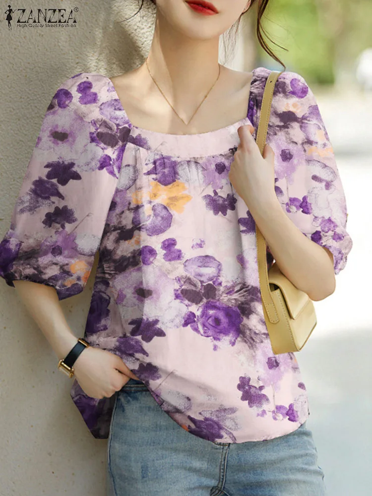 ZANZEA-Blusa con estampado Floral para mujer, Top coreano de media manga abullonada con cuello cuadrado, camisa holgada informal, Túnica Bohemia,