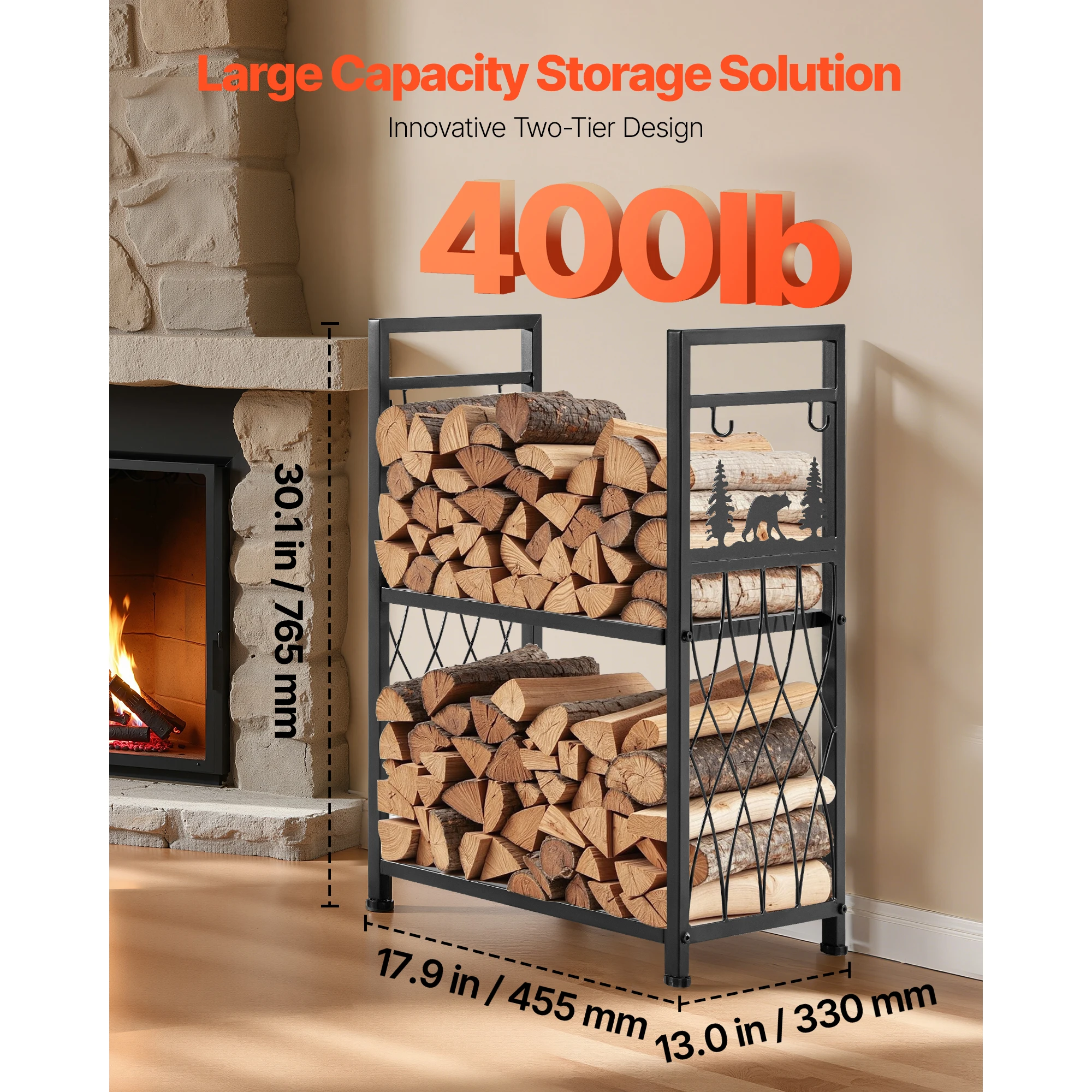 Indoor Firewood Rack, 1.3 ft 2-Tier Firewood Holder with Fireplace Tools, 400 lbs Weight Capacity, Brush, Shovel, Poker, Tongs, Heavy-Duty Log Wood Rack, Wood Pile Storage Stacker for Fire Pit