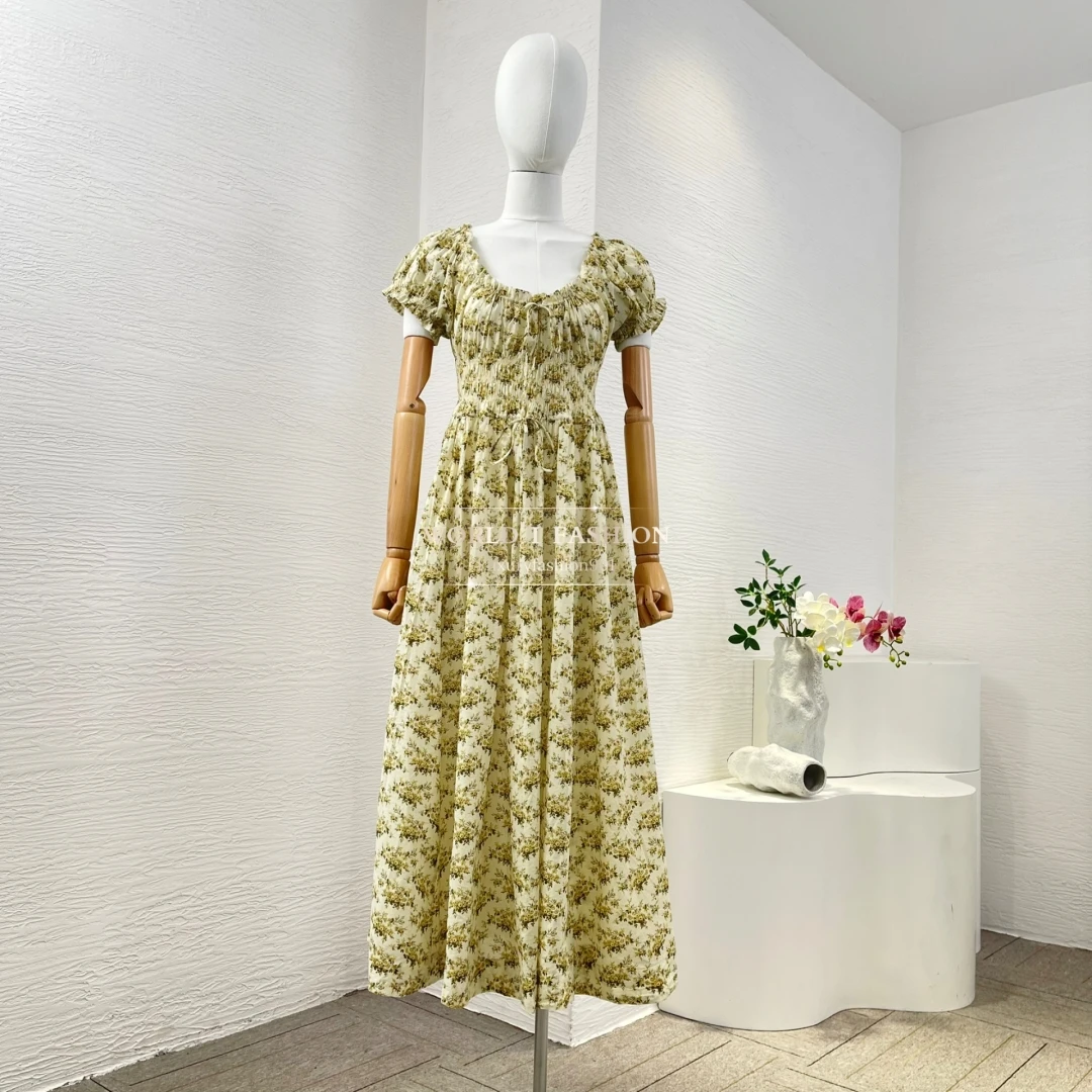 فستان ميدي عميق V 2025 تصميم جديد أخضر مطبوع عليه زهور وكشكشة مكشكشة بدون أكمام #4