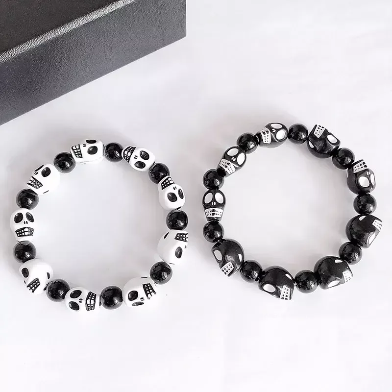 Punk Goth Skull Skeleton Bracelets for Women Men Halloween Hip Hop Elastic Beaded Bangles Handmade Halloween Party Jewelry