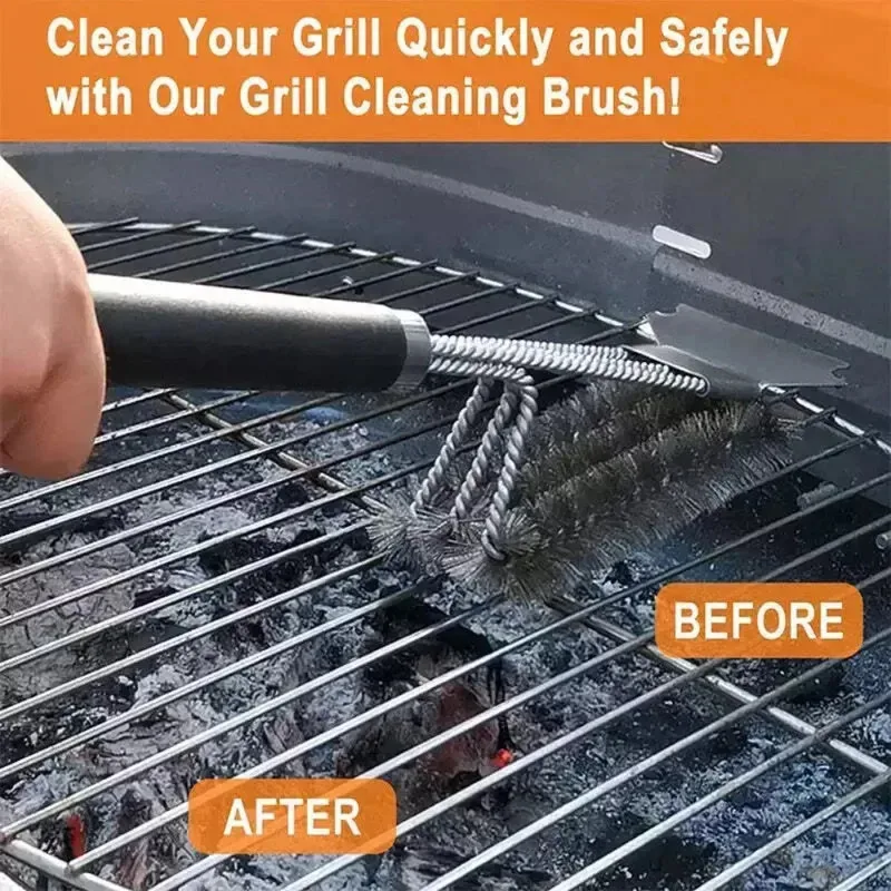1pcs Wire Bristles BBQ Brush and Scraper Triple Scrubber Safe Efficient Grill Clean Brush for Outdoor Barbecue Essential Tools