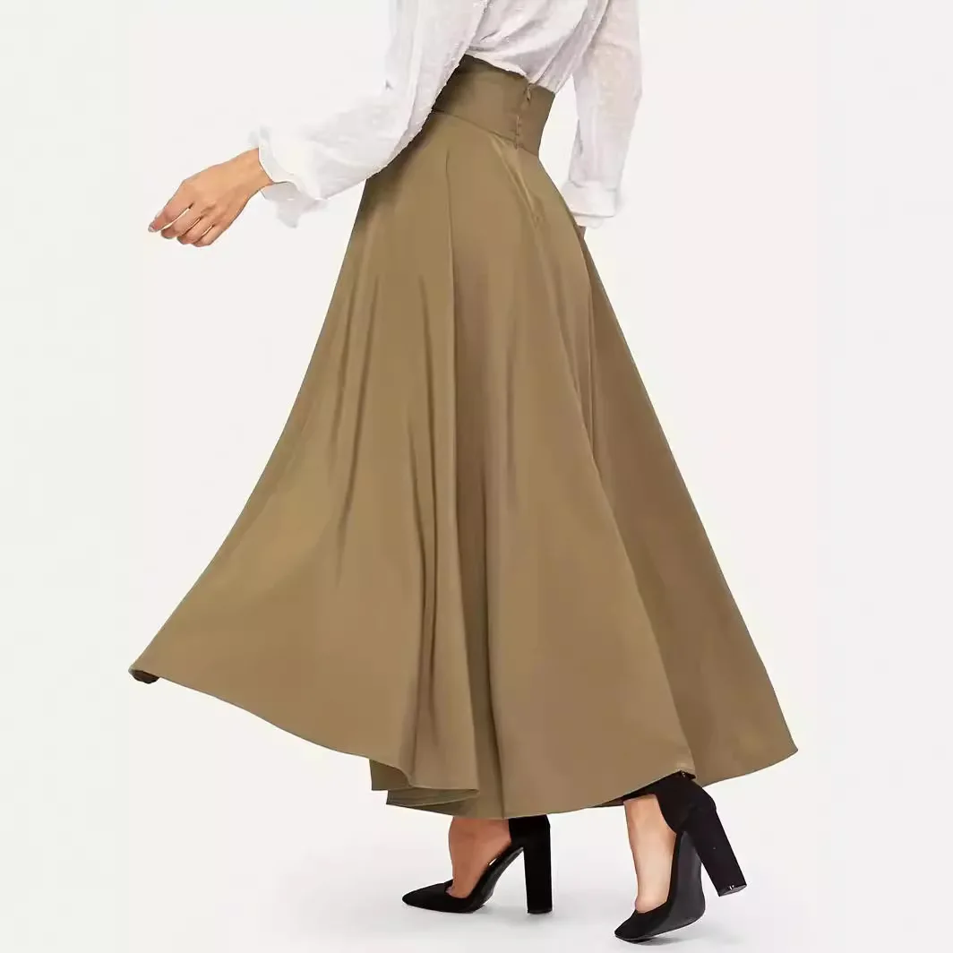 Jupe longue trapèze taille haute pour femmes, jupe transfrontalière en Polyester de couleur Pure avec ceinture sur le devant, Street Faion, printemps été