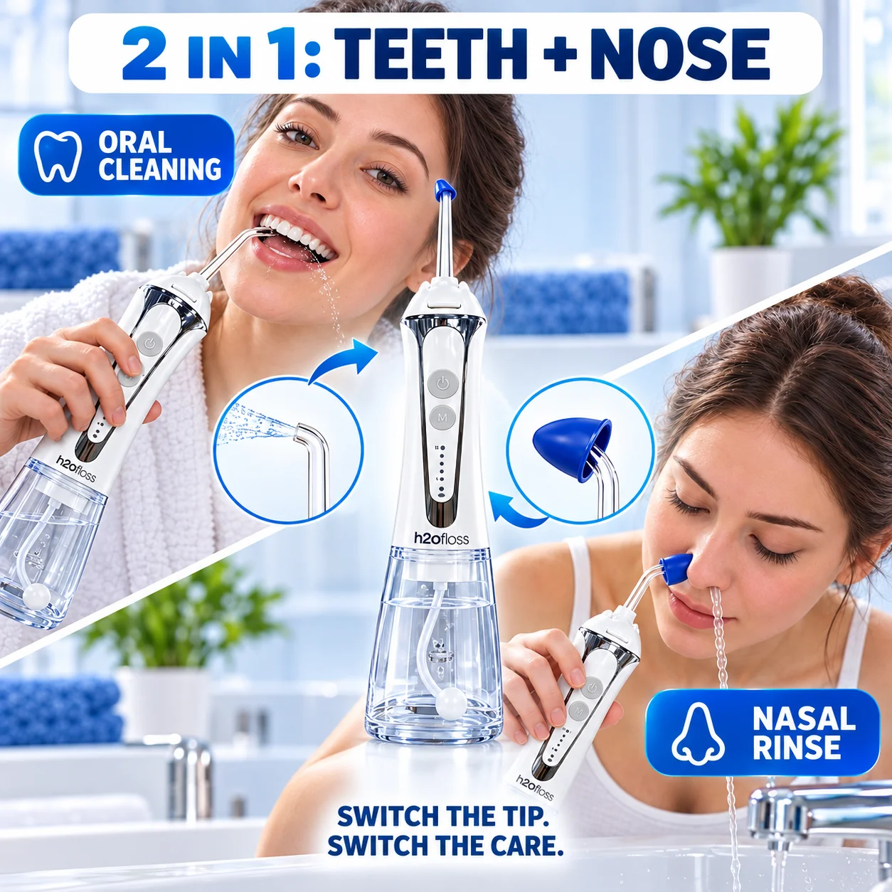 H2ofloss 2-in-1 Cordless Water Flosser Oral Irrigator & Nasal Rinse 300ML 5 Modes 140PSI Portable 5 Tips with Nasal Tip