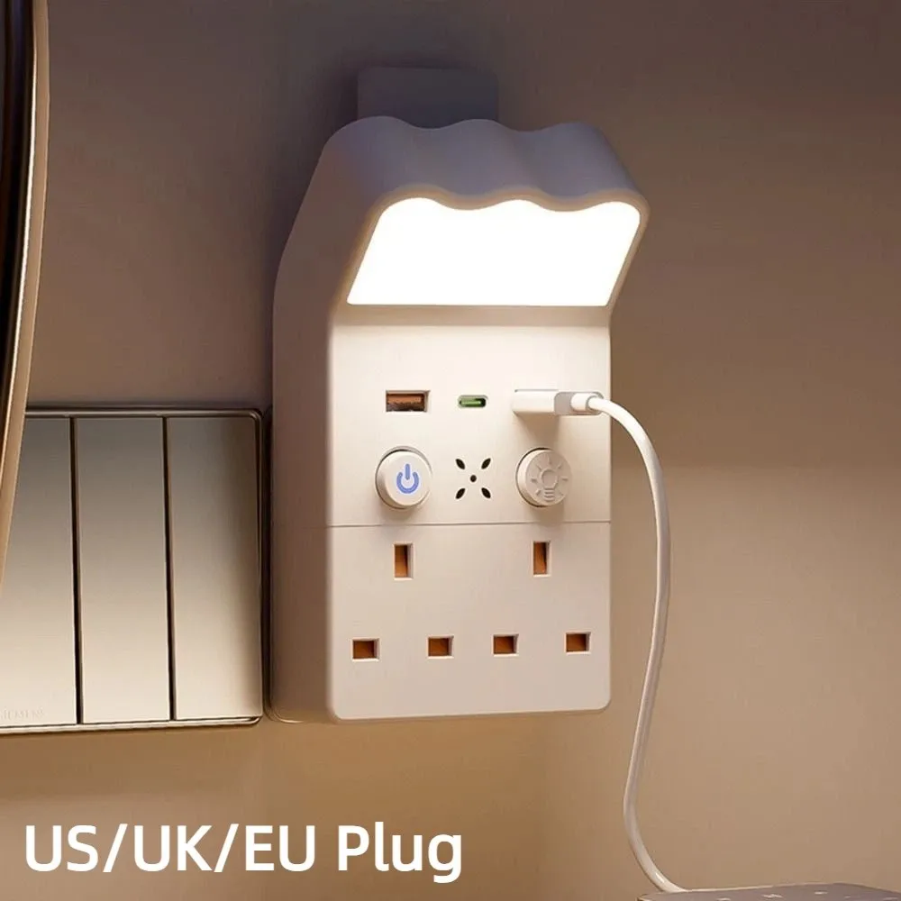 

Универсальный адаптер для ночника с розеткой, 1 Type-C и 2 USB-A, 3 уровня яркости, регулируемый, вставляемый в розетку, квадратный