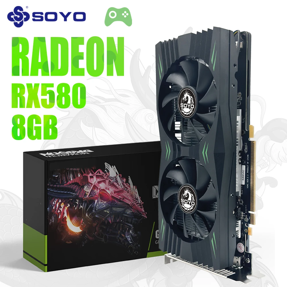 

SOYO Полностью новая видеокарта AMD Radeon RX580 8G GDDR5 Память Видеоигровая карта 6PIN HDMI-совместимая DVI для настольного компьютера