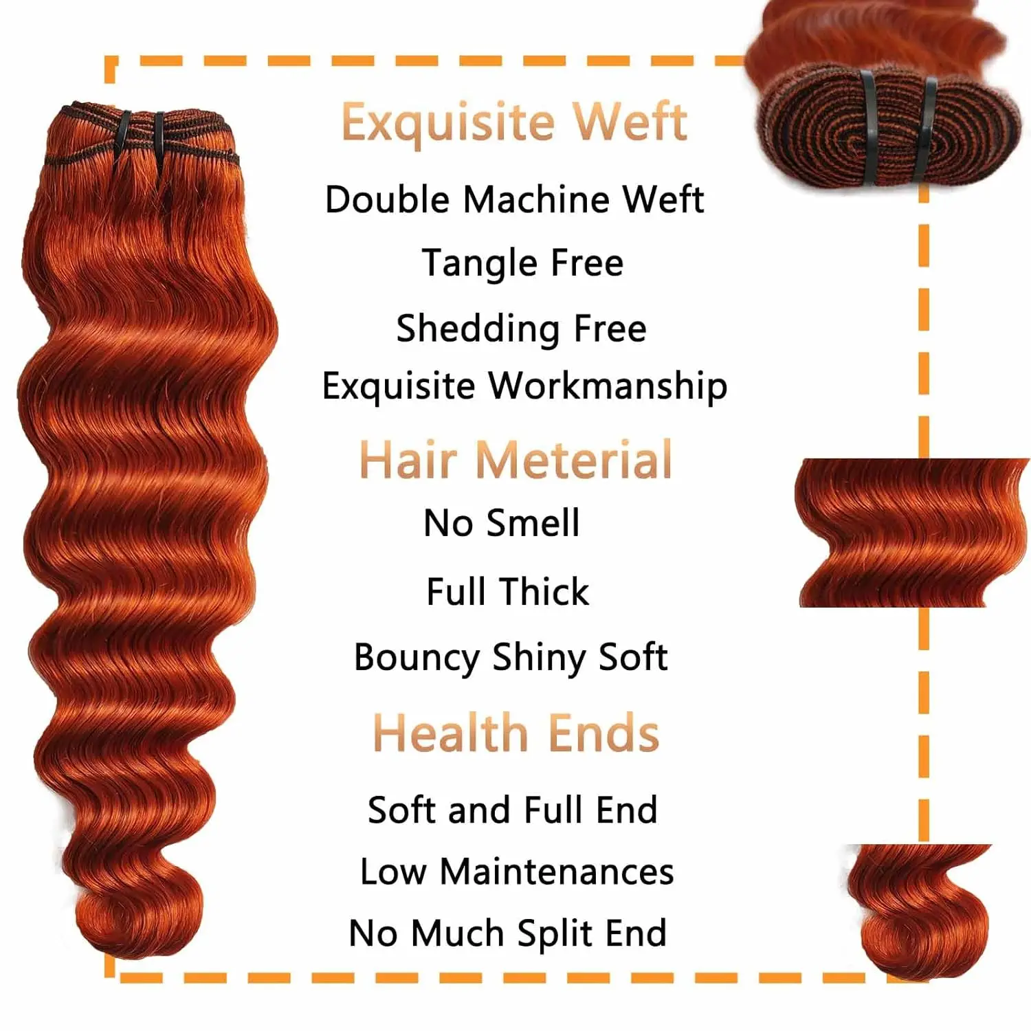 Ginger Orange 3/4 Bundles with Closure Human Hair Loose Deep Wave Bundles with 4x4 Middle Part Lace Closure Wig #350 Remy Hair