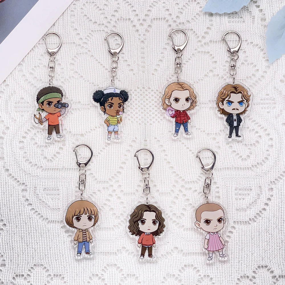 1/7Pcs Cartoon Stranger Things Accessories Keychain Acrylic Keyrings Bag Charms Backpack Pendant Prop Decoration Friends Gifts
