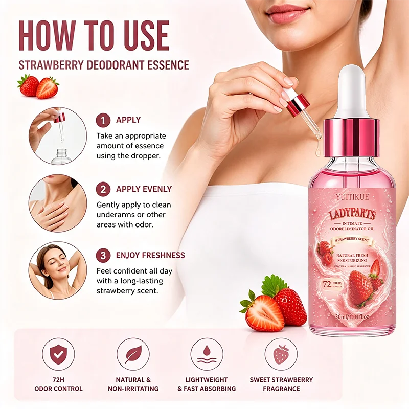 YUITIKUE Intimate Odor Eliminator Oil 30ml, Strawberry Scent Feminine Deodorant Essence 72H Fresh For Private Parts