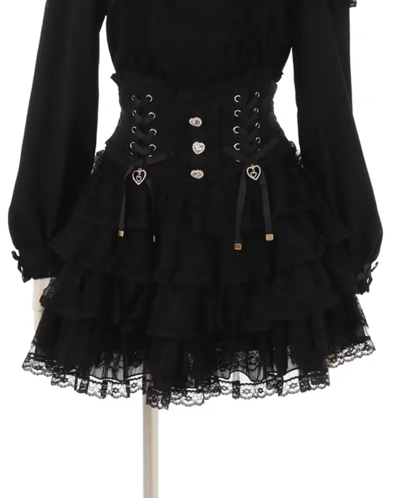

Japanese High Waist Drawstring Slim Cute Sweet Lolita Skirt Women Multi-Layer Lace Bow Cake Skirts Summer Pleated Skirt