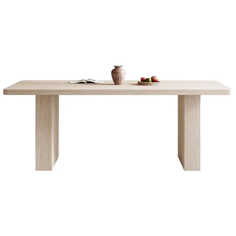 

French retro, travertine rock slab dining table and chair combination, rectangular small apartment