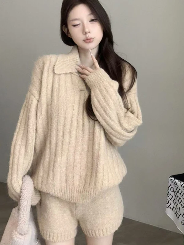 

Korean Style Knitted Set Women's Autumn Fashion Collar Loose Long Sleeve A-Line Shorts Breathable Medium Weight Two-Piec...
